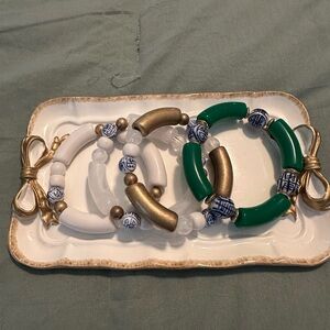 Chunky Beaded Bracelet Set in White, Green & Gold
